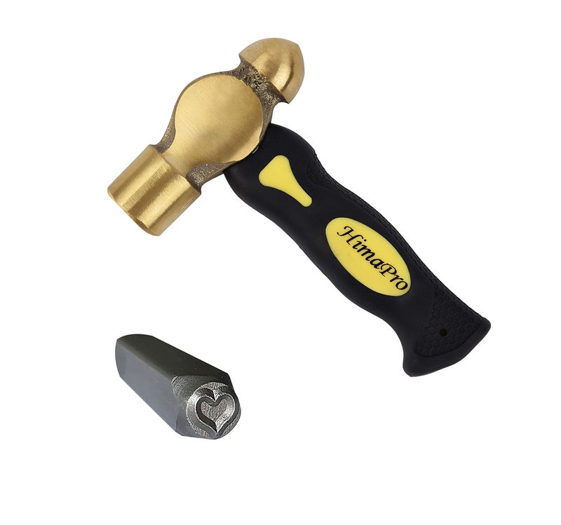 HimaPro One Pound Brass Metal Stamping Ball Pein Hammer with a complimentary heart stamp - Image 1